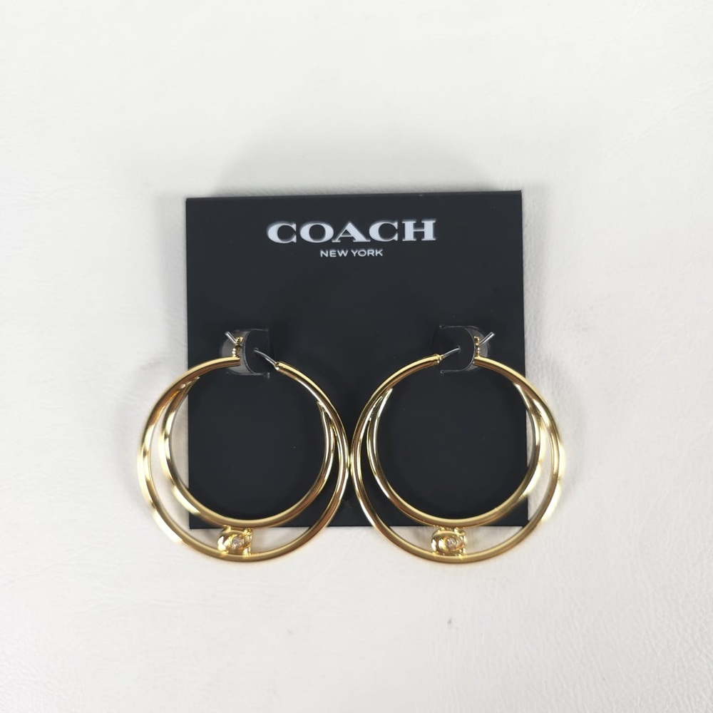 NWT COACH Women's Signature Double Hoop Gold Earrings with Cubic Zirconia Detail - Picture 7 of 13